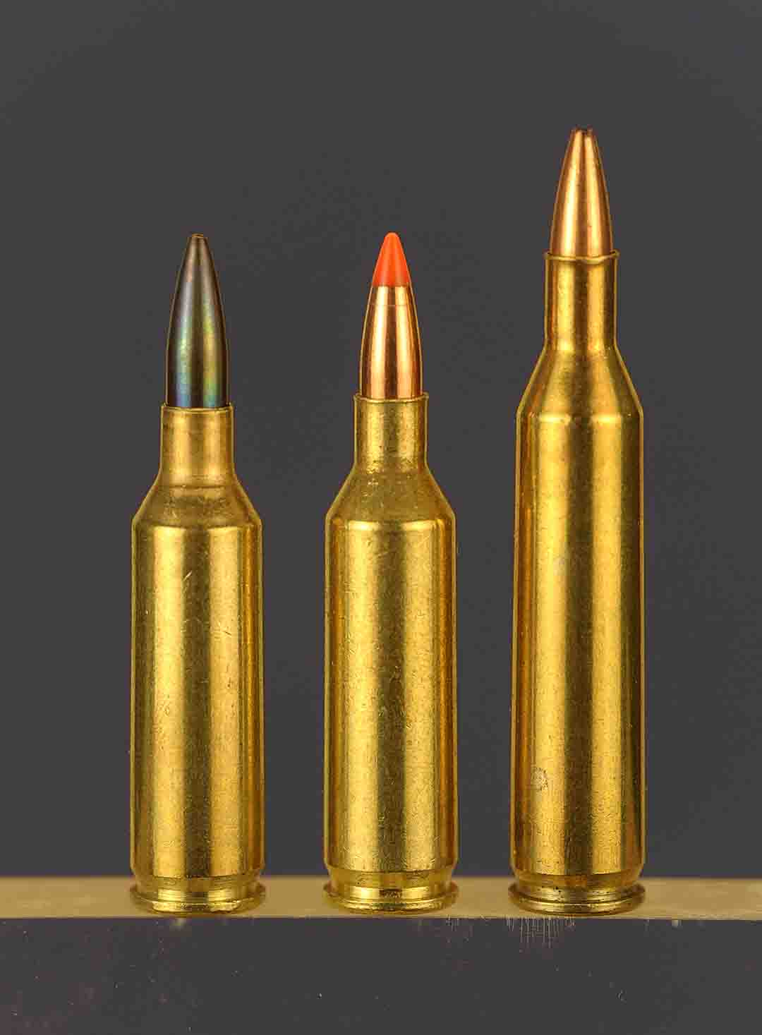 Some of the more popular seventeens out there now. From left to right, we have the .17 MACH IV, the newer .17 Remington Fireball and the original .17 Remington.